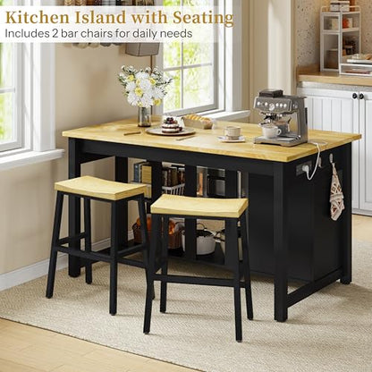 Kitchen Island with Storage and Seating Include 2 Bar Stools, Drawers,Black | 47" Solid Rubberwood Top Kitchen Island with Trash Can Storage, Power Outlet, 6 Hooks, Coffee Bar Cabinet, Dining Table for 2 - color: Black