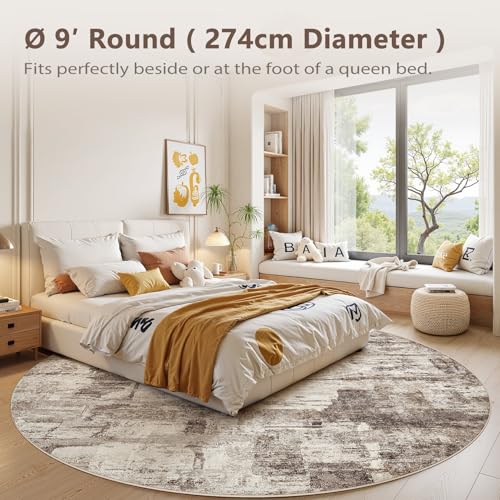 kakania Abstract 9x9 Round Rugs for Living Room: Circle Rugs 9FT Brown | Washable, Soft, Non-Slip, Low-Pile, Pet & Kid Friendly - Large Modern Home Decor Carpet for Bedroom/Dining Room/Nursery - color: Brown, size: 9' (Round)