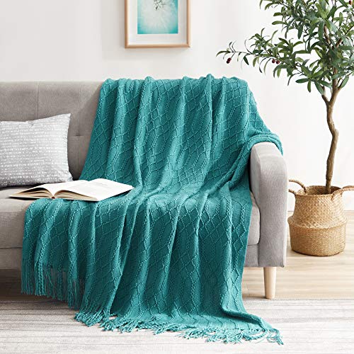 KASYLAN Acrylic Knitted Throw Blanket for Sofa Bed 50x60 Inch Teal | Cozy acrylic knitted throw, warm lightweight blanket, washable teal cover for couch, bed & living room decor - color: Rhombu-teal