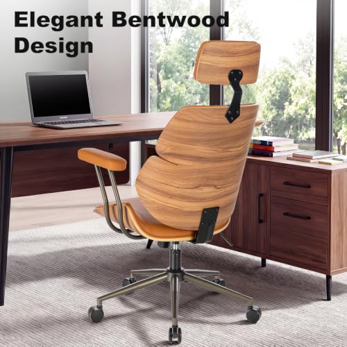 Mid Century Walnut PU Leather High Back Office Chair with Headrest, Brown | Curved walnut back & seat, high-back with headrest, PU leather, padded armrests, executive swivel & rolling for home office - color: Brown, size: 2-Section Back / Headrest