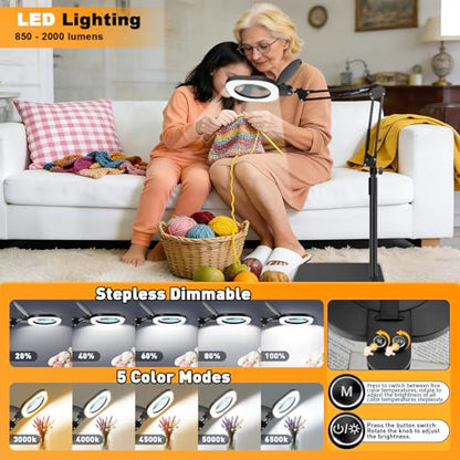 15X Magnifying Lamp with Light,5-Inch Optical Glass Lens, 3-in-1 Desk/Clamp/Floor Stand, LED Lighted Magnifier, Stepless Dimming for Close Work, Crafts, Repair, Reading, Sewing, Black - color: Black