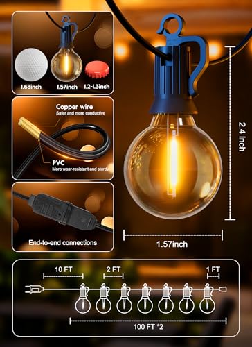 Outdoor String Lights, 200FT 100+2 G40 Bulbs Shatterproof Patio Lights | IP65 Waterproof Dimmable Hanging Connectable Globe LED Outdoor Lights for Backyard, Bistro, Porch, Deck, Balcony - color: Black, size: 100FT - 50 Bulbs (Pack of 2)