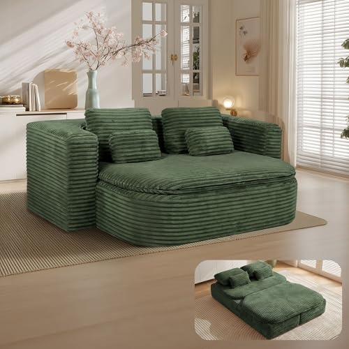 75'' Folding Sleeper Sofa Bed, Memory Foam Boneless Couch | Full Size Guest Bed Mattress, Modern 2-in-1 Floor Deep Seat Sleeper Sofa with 4 Pillows and Blanket | Corduroy Green - color: Green, style: Corduroy