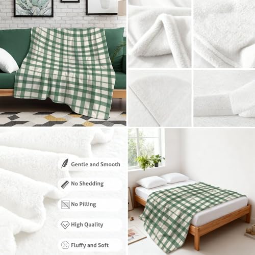 Dark Green Plaid Flannel Blanket Lightweight Fuzzy Fleece Throw for Wife Girls Plush Throws Birthday Housewarming Travel Companion Gift for Couch Bed 60" X80" - size: 60 × 80 inch