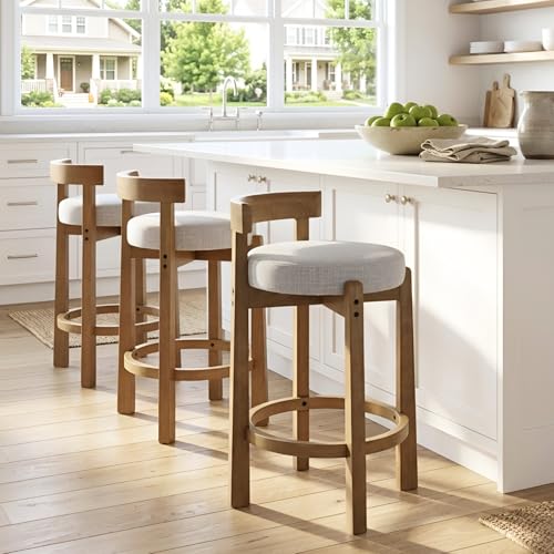 HEAH-YO Mid Century Modern Bar Stools Set of 4, 26.5" Counter Stools with Back, Linen Upholstered Barstools with Solid Wood Legs Bar Chairs for Kitchen Island Dining Room, Light Grey - color: 26.5" Light Grey Linen, size: Counter Height - Set of 4