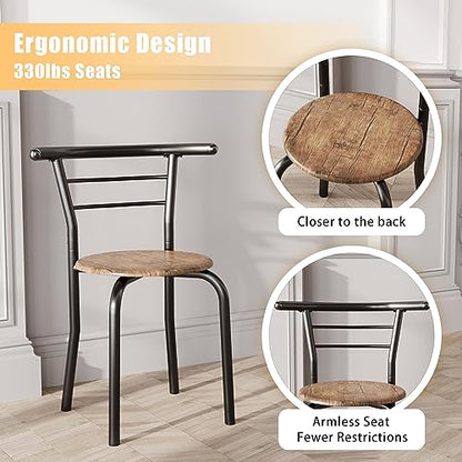 JUMMICO 3-Piece Wooden Round Table & Chair Set | Kitchen Breakfast Nook Wood Grain Tabletop with Metal Frame and Built-in Wine Rack for Kitchen, Dining Room (Brown/Black) - color: Brown/Black