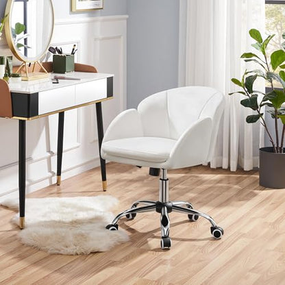 Yaheetech White Petal Faux Leather Makeup Vanity Desk Chair, Swivel Wheels | Easy-clean faux leather cushioned seat fits makeup vanity, nail salon or office desks; adjustable height, swivel, fast setup. - color: White