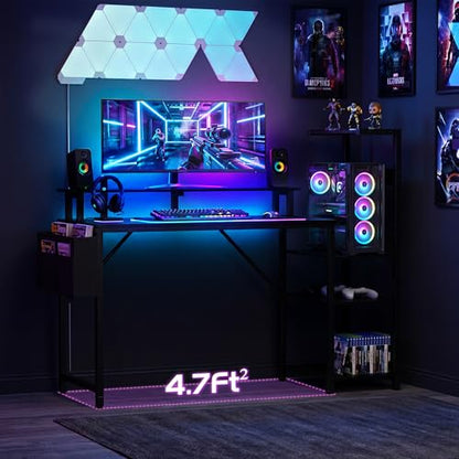 Gaming Desk 47 Inch Computer Table with Storage Shelves & Monitor Stand | LED Setup Style, PC Tower Stand, Reversible Workstation, USB Charging Port, for Home Office Desk, Bedroom, Dorm, Black - size: 47inch