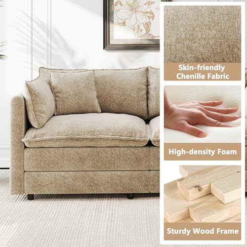 Aoowow Modular Sectional Sofa Modern Convertible Loveseat Couch,77.16 Inch Deep 2-Seater Sofas Comfy Chenille Cloud Sofas and Couches Set with Movable Ottoman for Living Room Apartment（Camel） - color: Camel, size: 2 Seat + Ottoman