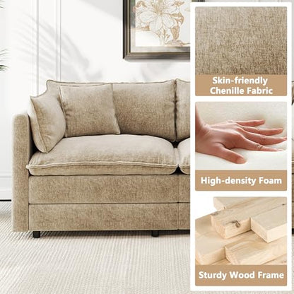 Aoowow Modular Sectional Sofa,112.2 Inch Modern Deep 3-Seater Sofas Comfy Chenille Cloud Sofas and Couches with Pillows for Living Room Apartment（Camel） - color: Camel, size: 3 Seat