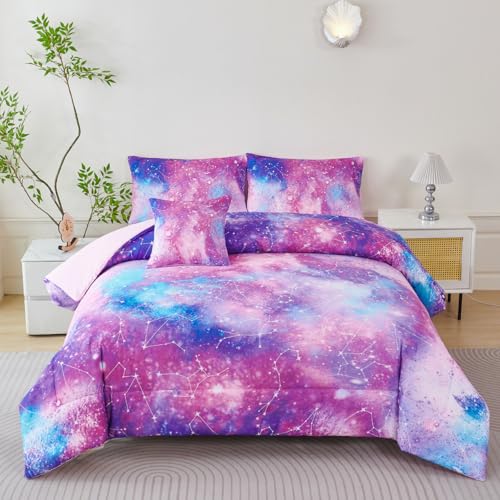 Galaxy Pink Twin Comforter Set, Constellation Print Girls Bedding Set 6 Pieces, 3D Colorful Tie Dye Ombre Girls Bed in A Bag Kids Bedding Set with Sheets, Comforter and Pillowcases - color: Pink Constellation, size: Twin