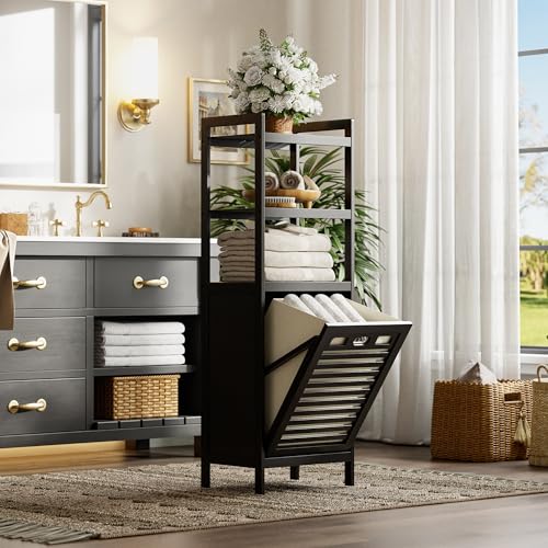 HITNET Tilt Out Laundry Hamper, Bamboo Bathroom Cabinet with Pull Out Removable Bag and 3 Tier Storage Shelves, 10 Gal Clothes Basket with Metal Handle, Black - color: Black