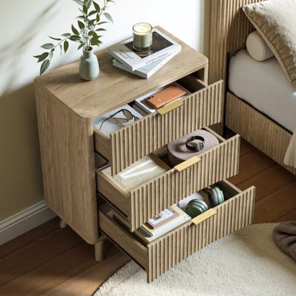 Evermagin 29" Tall Fluted Nightstand Set of 2 with 3 Drawers | Oak Night Stand,Wooden Bedside Table, Mid Century Modern Side Table for Bedroom, livingroom - color: Oak, size: 13.78"D x 23.62"W x 29.35"H (3 Drawers)