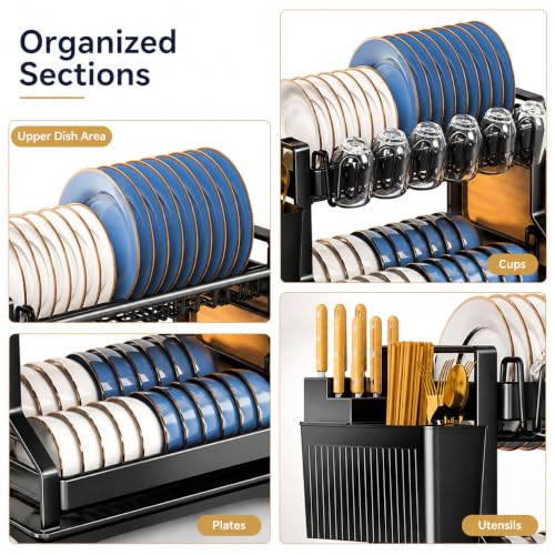 Fandian Black Dish Drying Rack 2 Tier Dish Racks for Kitchen Counter and Sink, Large Dish Drying Rack with Drainboard & Utensil Holders Stainless Steel Dish Drainers Kitchen Organization and Storage - color: Black Dish Racks