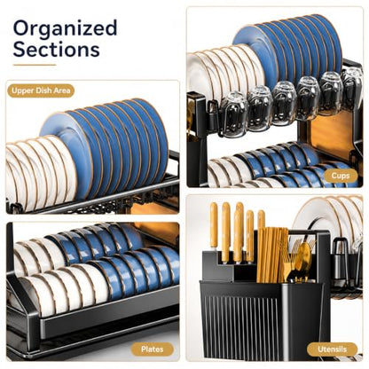 Fandian Black Dish Drying Rack 2 Tier Dish Racks for Kitchen Counter and Sink, Large Dish Drying Rack with Drainboard & Utensil Holders Stainless Steel Dish Drainers Kitchen Organization and Storage - color: Black Dish Racks