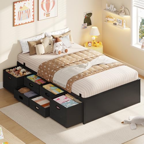 ADORNEVE Twin Bed Frame with 6 Storage Drawers, Metal Platform Bed | Black Bed Frame with Steel Slat Support for Boys/Kids/Teen, Storage Space Under Frame, Easy Assembly, Noise-Free - size: Twin-6 Drawers