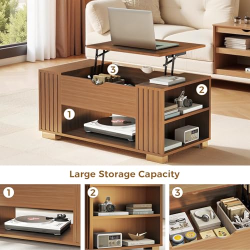 COMHOMA Lift Top Coffee Table for Living Room, 39" Center Table with Hidden Storage Compartment, Adjustable Wooden Tea Table for Small Spaces, Dark Walnut - color: Dark Walnut