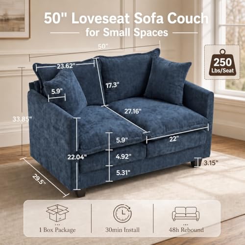 50" Love Seat, Small Cloud Sofa Couch with 2-Layer Cushion & 27" Deep Seat, 2 Pillows for Small Spaces, Bedroom, Apartment, Office, Living Room, in a Box, Blue - color: Blue, size: Loveseat