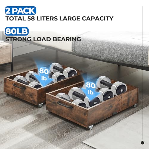 2-Pack Under Bed Storage Drawers Organizer with Wheels, Brown | 58L total capacity, 80 lb per Drawer, Fits 6 in Bed Clearance, Rolling Drawers for Shoes, Clothes, Linens, Toys - color: Brown