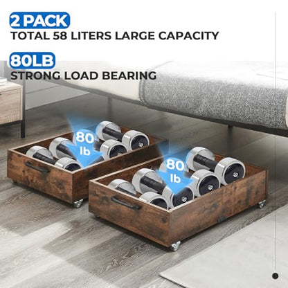 2-Pack Under Bed Storage Drawers Organizer with Wheels, Brown | 58L total capacity, 80 lb per Drawer, Fits 6 in Bed Clearance, Rolling Drawers for Shoes, Clothes, Linens, Toys - color: Brown
