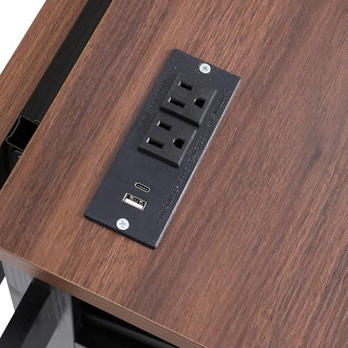 46.5'' Farmhouse Kitchen Island with Charging Station, Drop Leaf & Bead Drape - Mobile Rolling Cart, Ample Storage, Rustic Wood Grain Countertop for Compact Spaces (Black+Brown) - color: Black+brown)