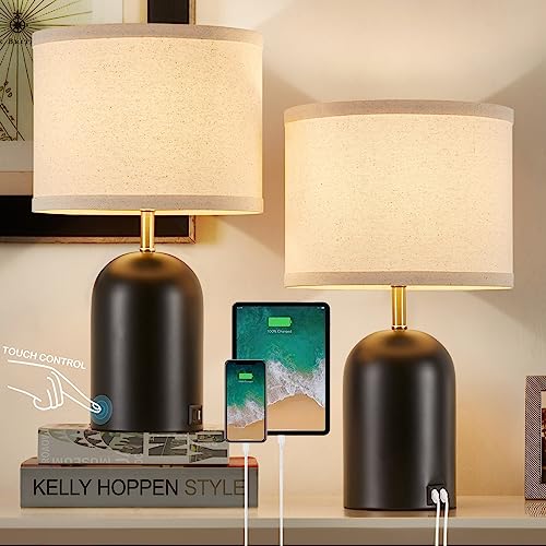 Touch Control Table Lamps Set of 2, Modern Bedside Lamp with 2 USB Ports, Dimmable Gold and Black Nightstand Lamp with Fabric Shade for Living Room Bedroom Office Dorm(LED Bulbs Included) - color: Gold & Black, size: 18"