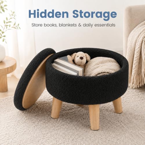 Simple Deluxe 13" Round Storage Ottoman with Wooden Legs & Dual-Use Tray Lid, Fluffy Teddy Boucle Ottoman Footstool for Bedroom, Living Room & Vanity, Black - color: Black