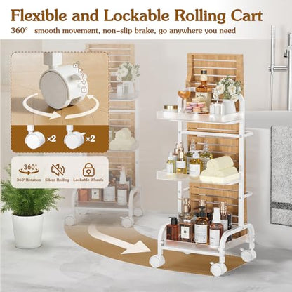 Bathroom Cart with Bathtub Tray Holder, Bathroom Organizers and Storage, Small Slim Shelf Organizer with Bath Tub Caddy Rack, 3 Tier Narrow Skinny Acrylic Rolling Cart for Laundry Room Living Room