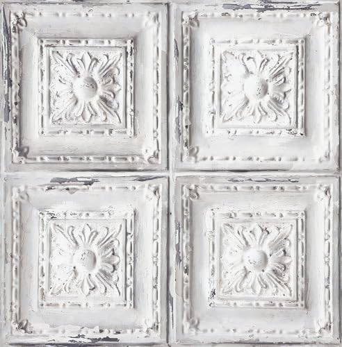 Froluya Distressed Tile Peel and Stick Wallpaper Ceiling 16.9" x 196.8" | Rustic White Contact Paper Embossed Self Adhesive Wallpaper Removable Waterproof Wall Paper for Kitchen Backsplash Vinyl - size: 16.9” x 196.8”