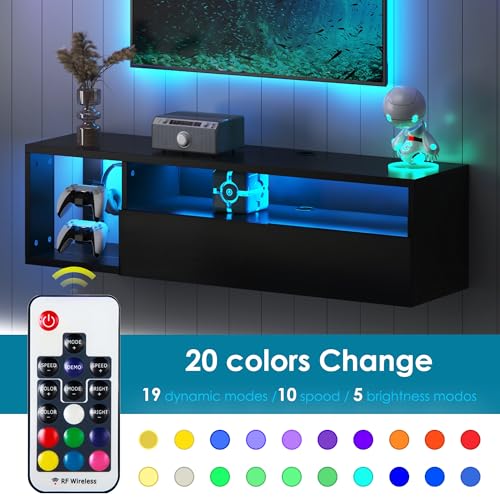 DlandHome 39.3" W Floating TV Stand with LED, Wooden Entertainment Center | Wall-Mounted Media Console, Floating Shelf for Under TV Wall Mount with Storage Shelves for Bedroom Living Room, Black - size: 39.3'' Black
