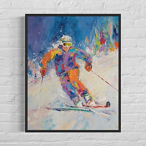 HomeArtPrint Skiing Art Print Poster, Wall Art Painting Decor. Paint Splash Style Artwork. (Skiing, 11x14 inches + (Black Frame)) - color: Skiing, size: 14"L x 11"W