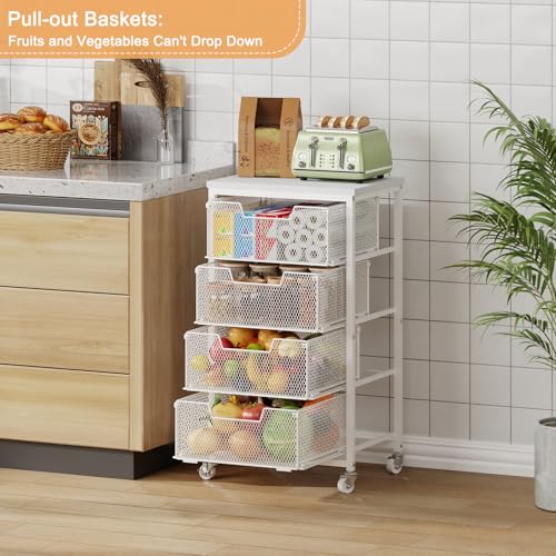 4-Tier Kitchen Storage Cart - Fruit Vegetable Storage Cart with Drawers, Wooden Top Metal Wire Kitchen Organizer and Storage Cart with Wheels to Storage Onions Potatoes Cans Snacks for Kitchen - size: 4-Tier White