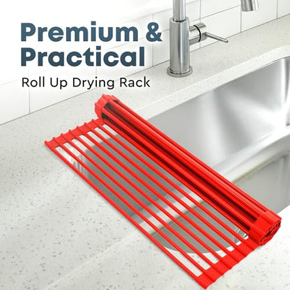 Zulay Kitchen Large Roll Up Dish Drying Rack - Heavy Duty Silicone Wrapped Steel Rods Over Sink Dish Drying Rack - Versatile Roll Up Sink Drying Rack & Trivet - Red,20.5 inches x 13 inches - color: Scarlet Red
