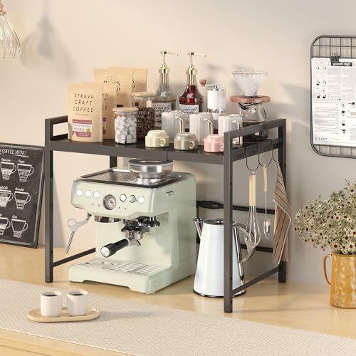 DOLALIKE Microwave Oven Rack, Expandable Microwave Stand Countertop Kitchen Utensils Tableware Storage, Carbon Steel Over Microwave Shelf Countertop with 3 Hooks | Adjustable Microwave Oven Rack Metal Storage Shelf for Pans Small Appliances Kitchen Utensi