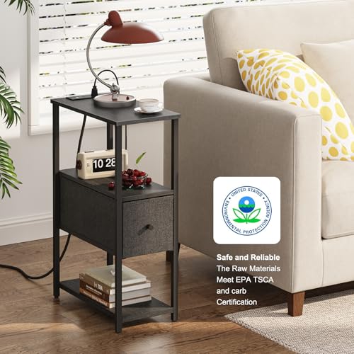 TUTOTAK Small Narrow End Table with Charging Station, Set of 2 | Side Table with Outlets, Nightstand with Cloth Drawer, Couch Table for Living Room, Bedroom, Bedside, Black TB01BK058 - color: Black, style: 1 Drawer & Plug