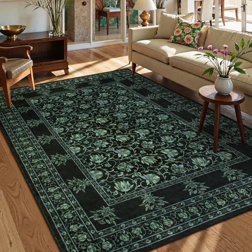 Lahome Floral Black Rugs for Living Room, Low Pile Soft Area Rugs 5x7 Rugs for Bedroom Non Slip, Stain Resistant Vintage Floral Rug for Dining Room Office (5'x7', Black/Green) - color: Black/Green, size: 5' x 7'