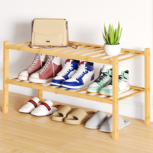 Smiry Bamboo Shoe Rack, 12 Vertical Slats, 2 Tier - 26.8" Wide, Natural | Stackable Free Standing Wooden Shoe Organizer, Wood Shoe Storage Shelf for Closet, Entryway - color: Natural, size: 26.80" Wide - 2 Tier - Regular