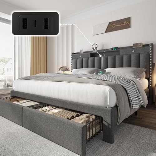 CypBed Queen Bed Frame with Headboard ＆ 4 Storage Drawers & Dark Grey | Fabric Platform Bed Frame with 3 USB & Type-C Charging Ports, Solid Wood Slats, No Box Spring Needed, No-Noise,Gift - color: Grey, size: Queen
