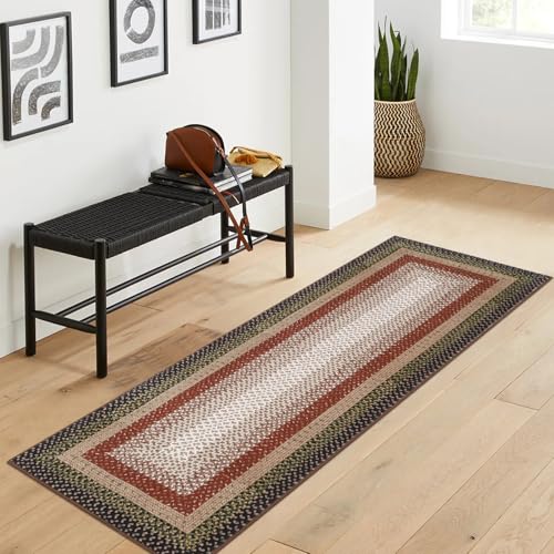 Washable 2x10 Long Hallway Runner Rugs Braided Print Rug Non Slip | Farmhouse Kitchen Carpet Low Pile Rustic Accent Area Rugs for Living Room Bedroom Bathroom, Crimson/Earthy - color: Crimson/Earthy, size: 2' x 10' (Runner)