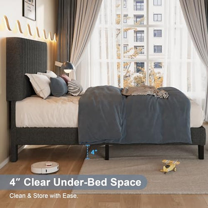 Einhomn Twin Size Bed Frame with Headboard, Upholstered Linen Platform Bedframe with Solid Wooden Slats, Noise-Free, No Box Spring Needed, Easy Assembly, Dark Grey - color: Dark Grey, size: Twin