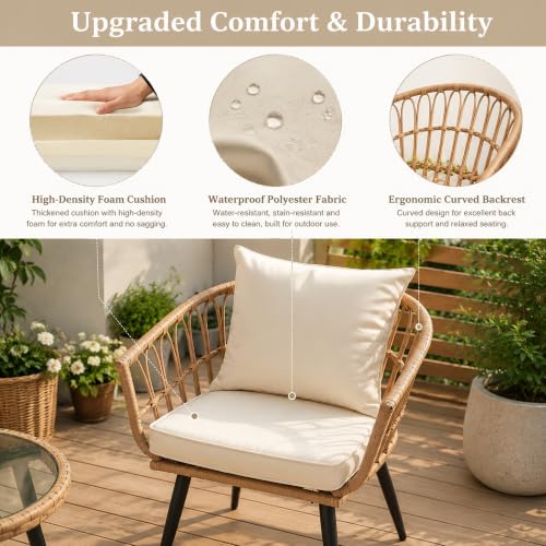 New 3 Piece Patio Bistro Set for Porch Backyard Lawn Poolside Deck, Beige | Handcrafted PE Rattan, Weather-Resistant, Modern Bohemian Design, Easy-Clean Surface, Compact Space Fit - size: NEW 3 Pieces