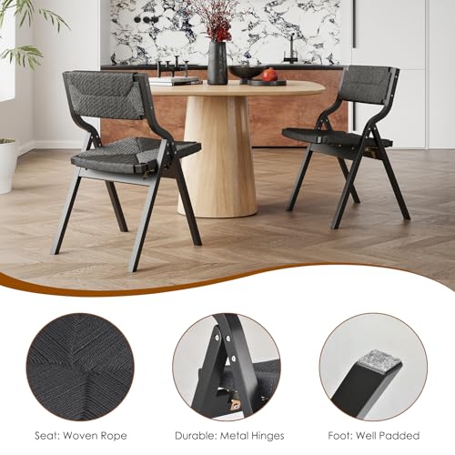 Wood Folding Chairs, Foldable Chairs Wooden Indoor Stackable Dining Chairs for Kitchen & Dining Room Chair Woven Seat & Webbing Back, Dining Chair Set of 2 - color: Black/Black, Woven Rope