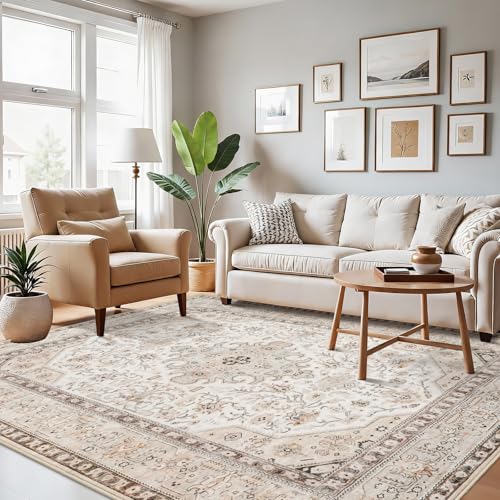 6x8 Area Rug Living Room: Washable Non Slip Oriental Soft Rugs for Bedroom | Ultra Thin Low Pile Stain Resistant Indoor Farmohouse Carpet - Home Decor for Vintage Medallion Style Lover - 6x8 Ivory - color: Ivory, size: 6' x 8' (Rectangular)