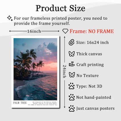 Pink Palm Tree Canvas Wall Art Coconut Tree Painting Tropical Plant Artwork Coastal Botanical Prints Pink Sky Poster Sunrise Sunset Picture Cute Preppy Summer Pictures for Home Room 16x24in Frameless - color: C5Unframed