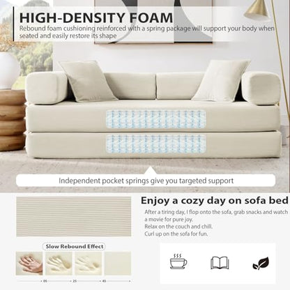 HANXIN 78 Inch Convertible Sleeper Sofa Bed, Folding Floor Mattress Couch with Fixed-Shape Frame, Futon Boneless Couch Lounge Loveseat with Pull Out Bed, No Assembly Required (Beige) - color: Beige, size: 78" Loveseat Sofa Bed