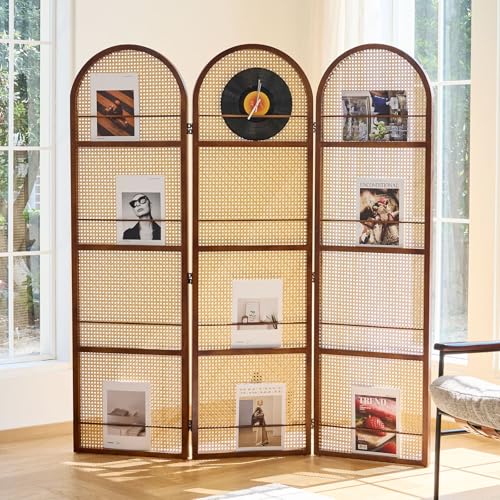 Rattan Room Divider with Bookshelf,Foldable Privacy Screen Partition,Wooden Frame,Natural Portable for Living Room,Bedroom Home,Office Reading Nook (Walnut, 3 Panels) - color: Walnut