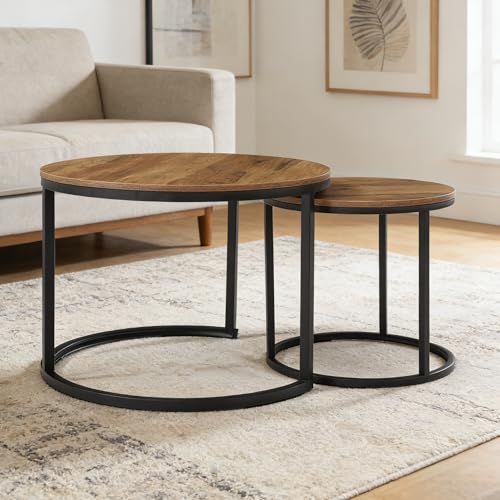 Nesting Side Tables, Coffee Table Set of 2 with Sturdy Metal Frame, Modern Industrial Simple Nightstand for Living Room Bedroom Apartment (Walnut) - color: Walnut