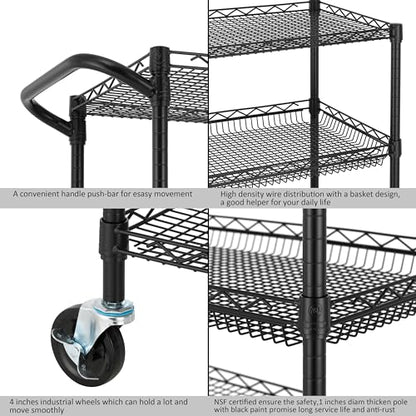 Finnhomy 3 Tier Heavy Duty Commercial Grade Utility Cart, Wire Rolling Cart with Handle Bar, Steel Service Cart with Wheels, Kitchen Carts on Wheels, Metal Cart Shelf Size 18" D x 36" W, NSF, Black - size: 36"L x 18"W x 35.4"H-3 Tier, style: Black Cart