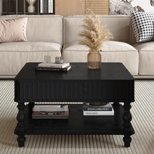 Quick Assemble Rectangular Lift Top Coffee Table with Large Storage | Black mid-century aesthetic, sturdy Solid Wood Roman legs, fluted side trim,Compact 31.5" x 31.5" x 18.11" - color: Black