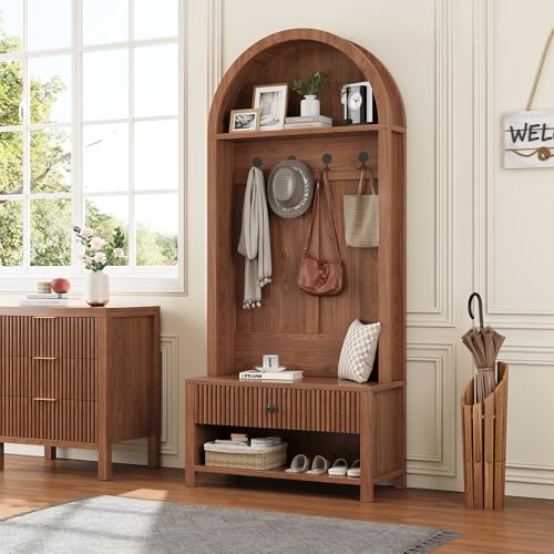 70.86-inch Entryway Hall Tree, Farmhouse-Style Wooden Coat Rack Freestanding, Entryway Organizer with Four Hooks, Standing Shoe Rack with Bench for Hallways, Foyers, and Living Rooms, Walnut - color: Walnut